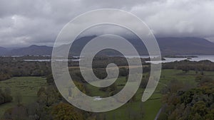 Drone flight over Ross Castle. Killarney National park. Ireland. autumn 2022