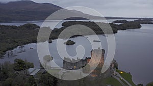 Drone flight over Ross Castle. Killarney National park. Ireland. autumn 2022