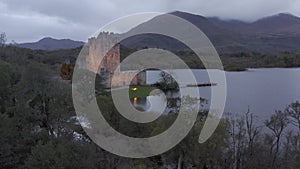 Drone flight over Ross Castle. Killarney National park. Ireland. autumn 2022