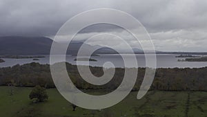 Drone flight over Ross Castle. Killarney National park. Ireland. autumn 2022