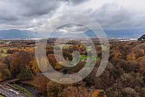 Drone flight over Ross Castle. Killarney National park. Ireland. autumn 2022