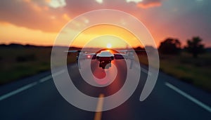 Drone flight path displayed, car dash sunset backdrop, highway, technology, location
