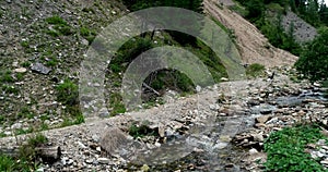 Drone flight in summer over mountain stream in the Nockberge