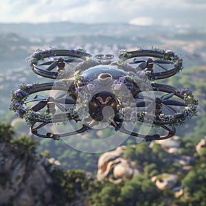 Drone with Floral Propellers in Surreal Botanical Sky Flowers as Propellers Hyper-Realistic Drone in Nature photo