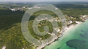 drone fly above Maya ruins site in Mexico Tulum Caribbean Sea ocean