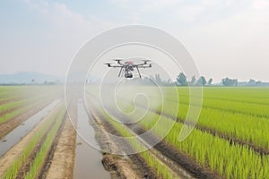 drone fly over rice field and spray pesticides to plants Created with Generative AI Technology