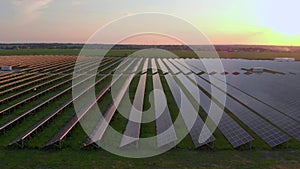 Drone fly over Solar Farm. Renewable green energy and electrical technology. Field of Solar Panels Stands in a Row in