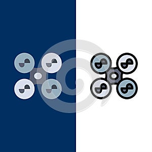 Drone, Fly, Quad copter, Technology  Icons. Flat and Line Filled Icon Set Vector Blue Background