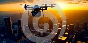 Drone is flying above city skyline at sunset.Quadcopter with digital camera and fast rotating propellers.