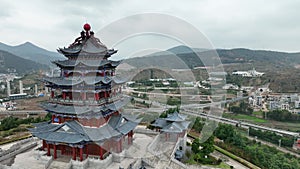 Drone flying around traditional Chinese building