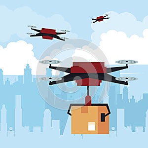 Drone flying with box at city