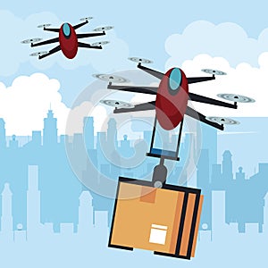 Drone flying with box at city