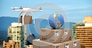 Drone flying by city with delivery parcel boxes and world globe