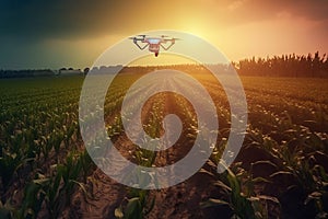 Drone Flying in the corn field with Ai Generator