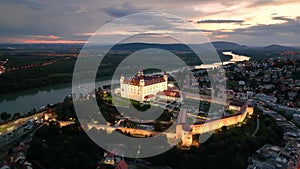 Drone flying at illuminated Bratislava Castle or Bratislavsky Hrad