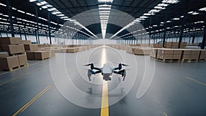 A drone flying in a modern warehouse between rows of racks with boxes