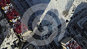 drone flying on multi-storey buildings top view