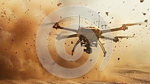 Drone flying near explosion during war, modern uav for surveillance on smoke background. Concept of army, intelligence, warfare,
