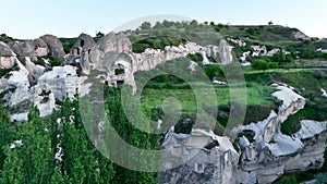 Drone flying over amazing rock formations. Fabulous landscape.