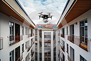a drone flying over an apartment building