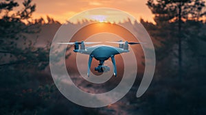 A drone flying over a forest at sunset with trees in the background, AI