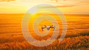 Drone flying over golden wheat field at sunrise