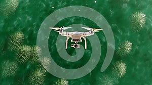 Drone flying over green lake with underwater vegetation