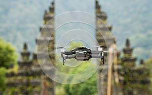 Drone flying over Handara Gates - popular architechtural and spiritual attraction on Bali, Indonesia