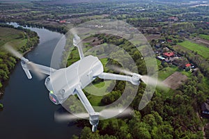 Drone flying over landscape.