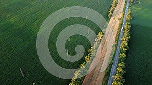 Drone flying over road between green agricultural fields during dawn sunset.