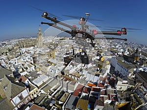 Drone flying over the roofs of Seville