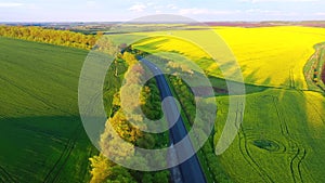 Drone flying over the rural road passing through agricultural land and cultivated fields. Filmed in UHD 4k drone video