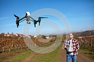 Drone flying over vineyard
