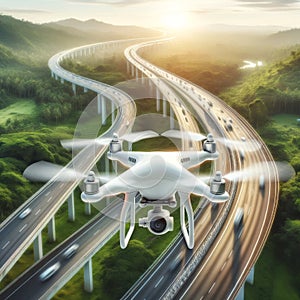 Drone flying over a winding road in lush green hills. Transportation and technology concept