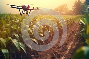 Drone flying and spray fertilizer on the fields. Concept technologic agriculture. Generative Ai
