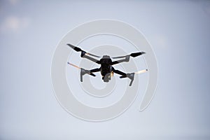 Drone flying at sunrise