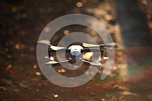 Drone flying at sunrise