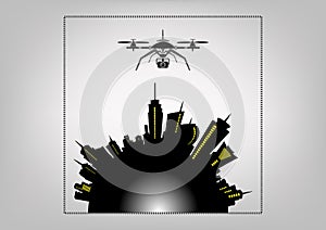 Drone flying, technology service icon , whit camera in the skyline city. illustration