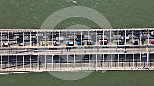 Drone flying to over the Brooklyn bridge in Manhattan New York City U.S.