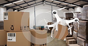 Drone flying by warehouse delivery parcel boxes