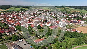 Drone flyover the southern Hessian municipality of Gross-Bieberau in the Odenwald during the day