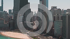 Drone footage of Chicago downtown skyline on day. element of city