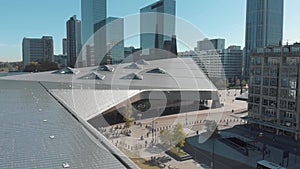Drone footage of the cityscape from the Center Station Convention Center in the city of Rotterdam, Netherlands.