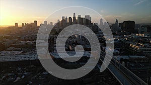 Drone footage of the cityscape of Los Angeles at sunset, California, USA