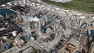 Drone footage of element Oil and gas petrol fuel refinery petrochemical plant. Wide footage