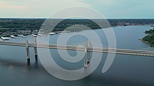 Drone footage of the extradosed bridge of St. Croix Crossing spans the St. Croix River in Wisconsin