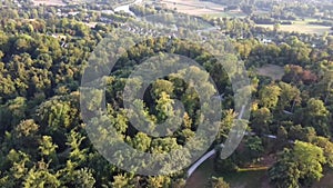 Drone footage of the forest and Mulheim an der Ruhr. Germany
