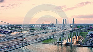 Drone footage of the New Goethals bridge at sunset