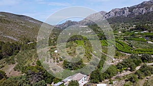 Drone footage over the Gallinera valley, near Pego in the north of Alicante, Spain. Agricultural area and known for its hiking