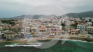 Drone footage over old Batroun city  and Our Lady of the Sea church in Lebanon